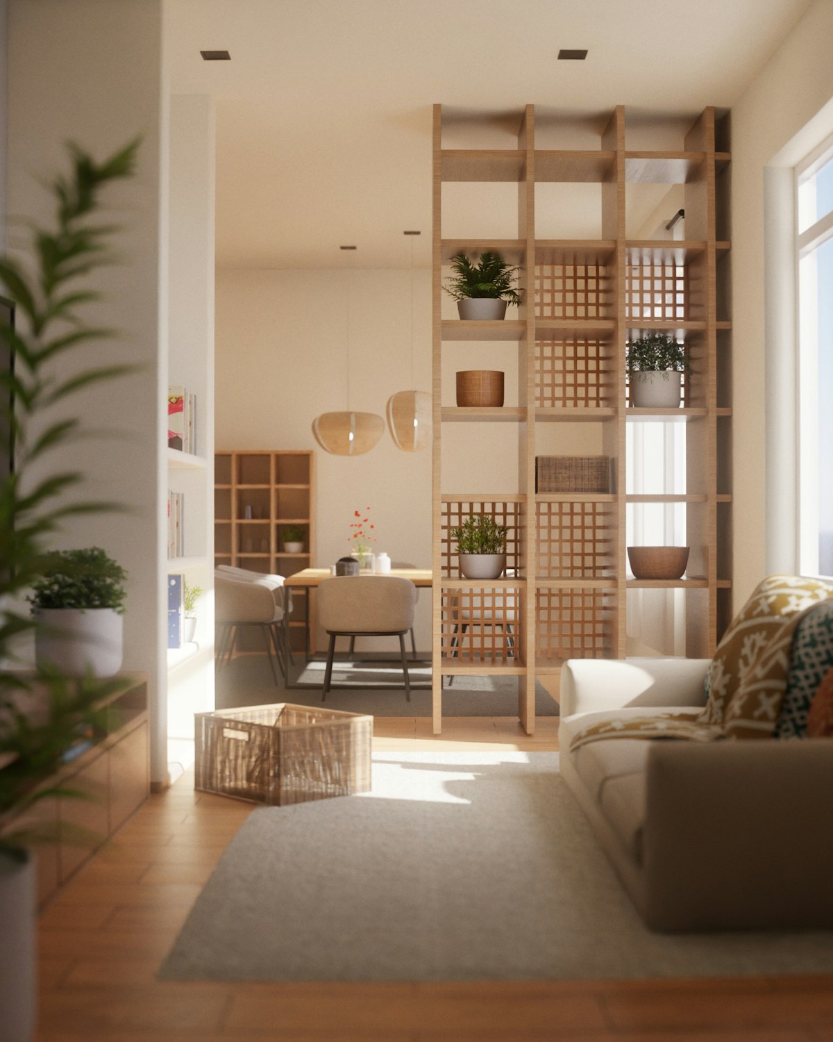 Bright living room with natural light, wooden shelving and soft seating